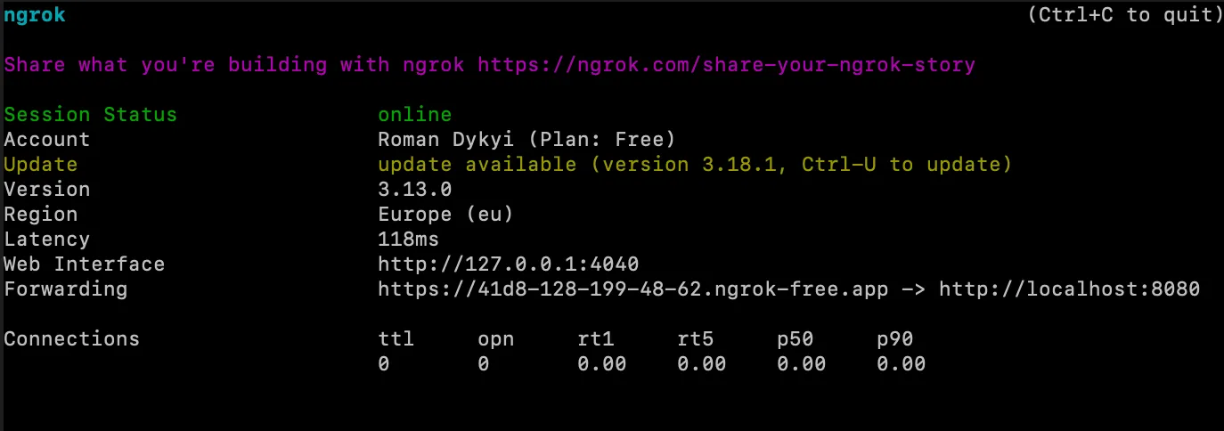 Ngrok terminal output showing public URL and session status